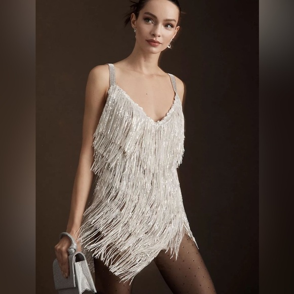 NWT Bronx and Banco Barbie Blanc Fringe V-Neck Mini - reception dress - Size S - Picture 3 of 16